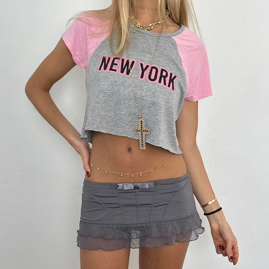 Vintage New York raglan grey & pink baby tee