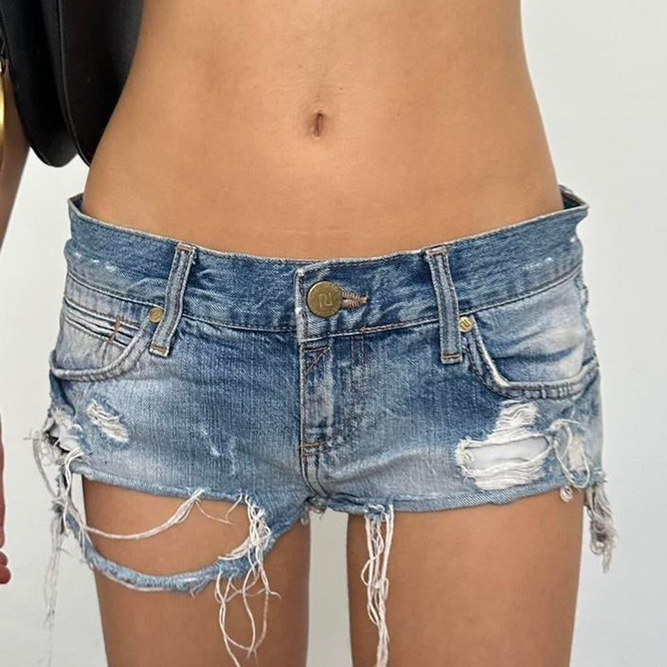 Vintage blue micro distressed denim shorts