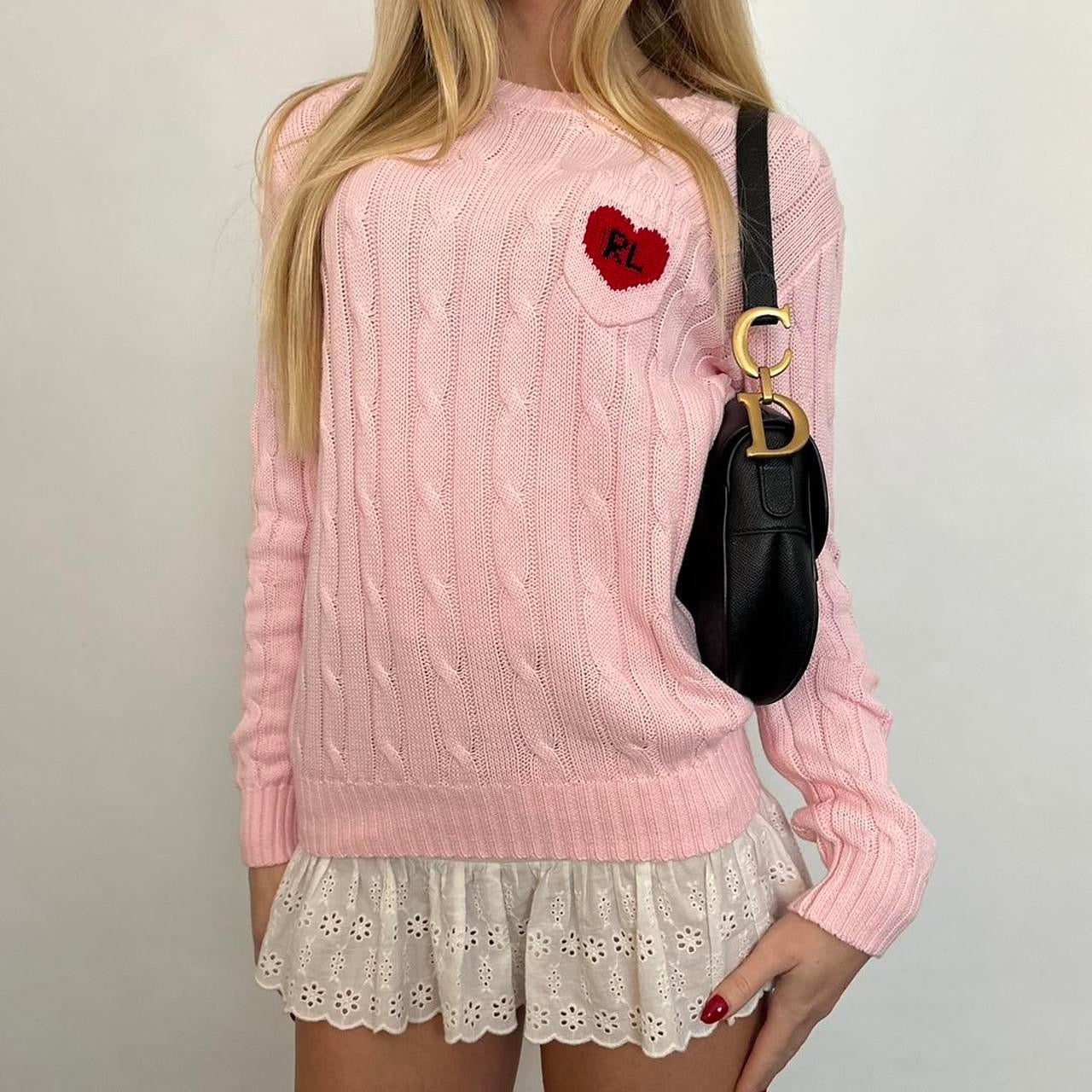 Vintage Ralph Lauren pink heart cable knit sweater