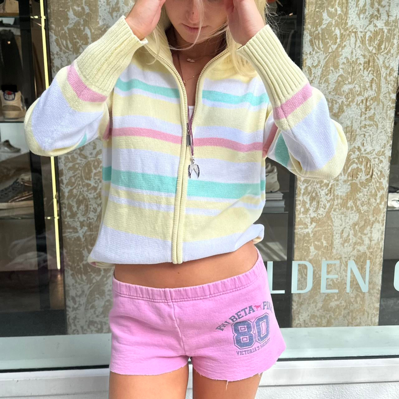 Vintage 90’s pastel striped yellow colourful knit zip up