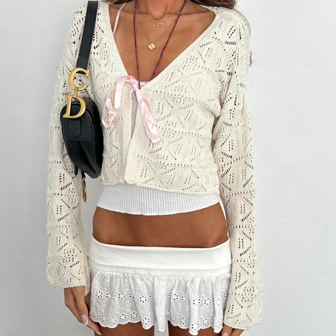 Vintage 2000s white crochet tie up cardigan top