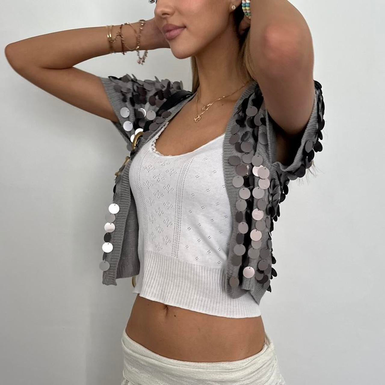 Vintage silver sequin open knitted cardigan top