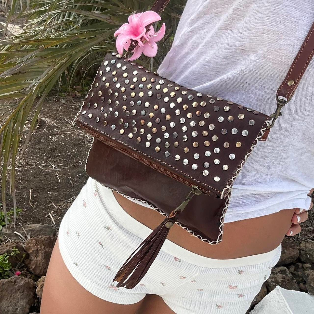 Vintage brown leather studded bag π
