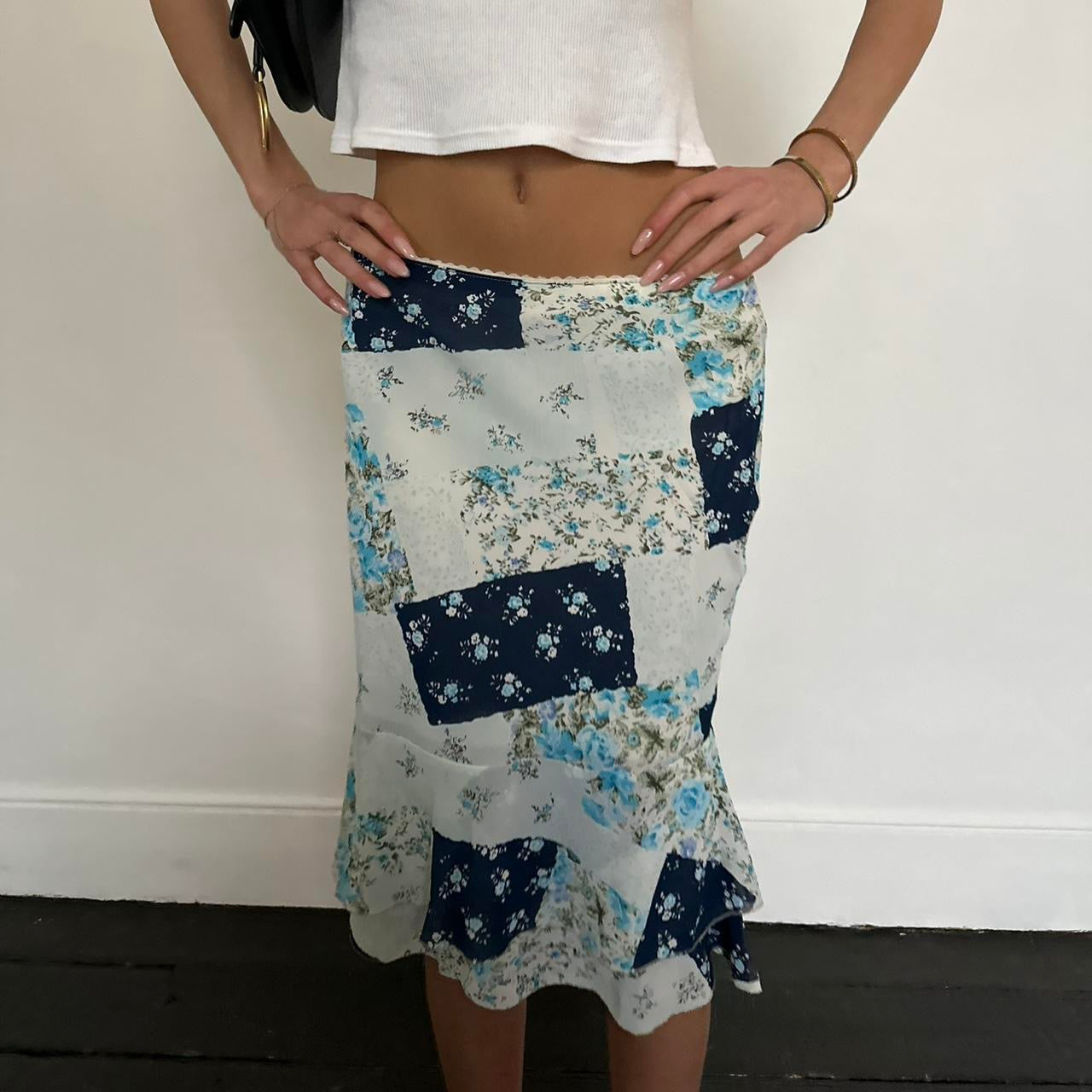 Vintage 90’s blue patchwork midi skirt