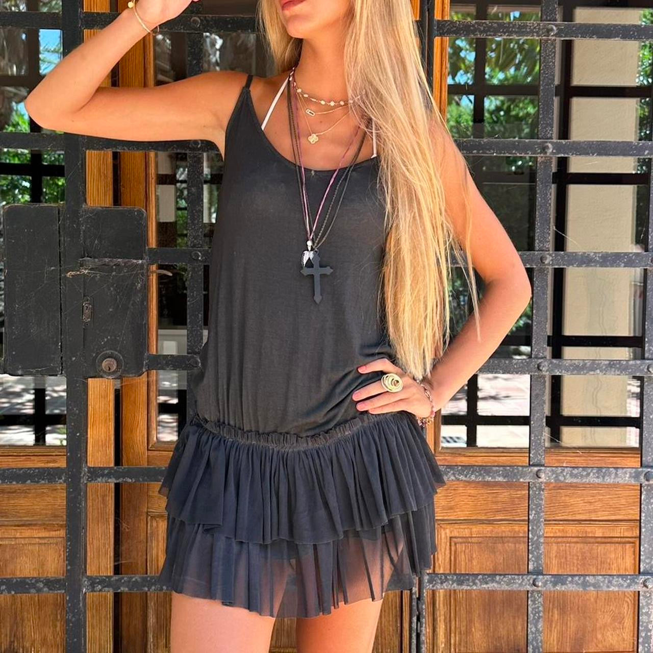 Vintage 90’s boho black ruffle mini dress