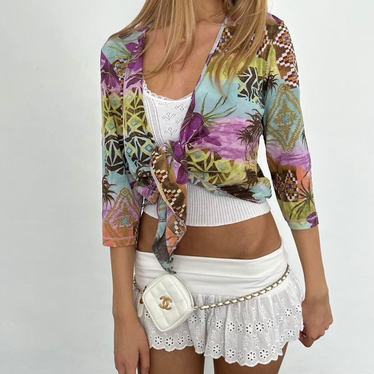 Vintage flower graphic tie up layering top