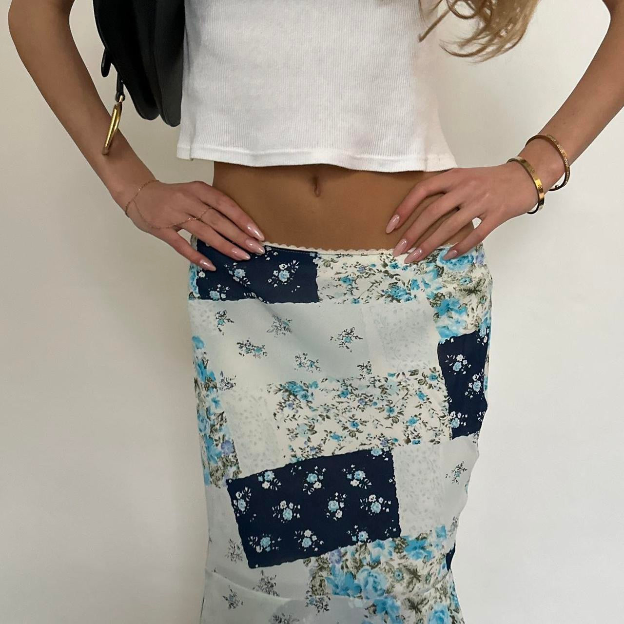 Vintage 90’s blue patchwork midi skirt