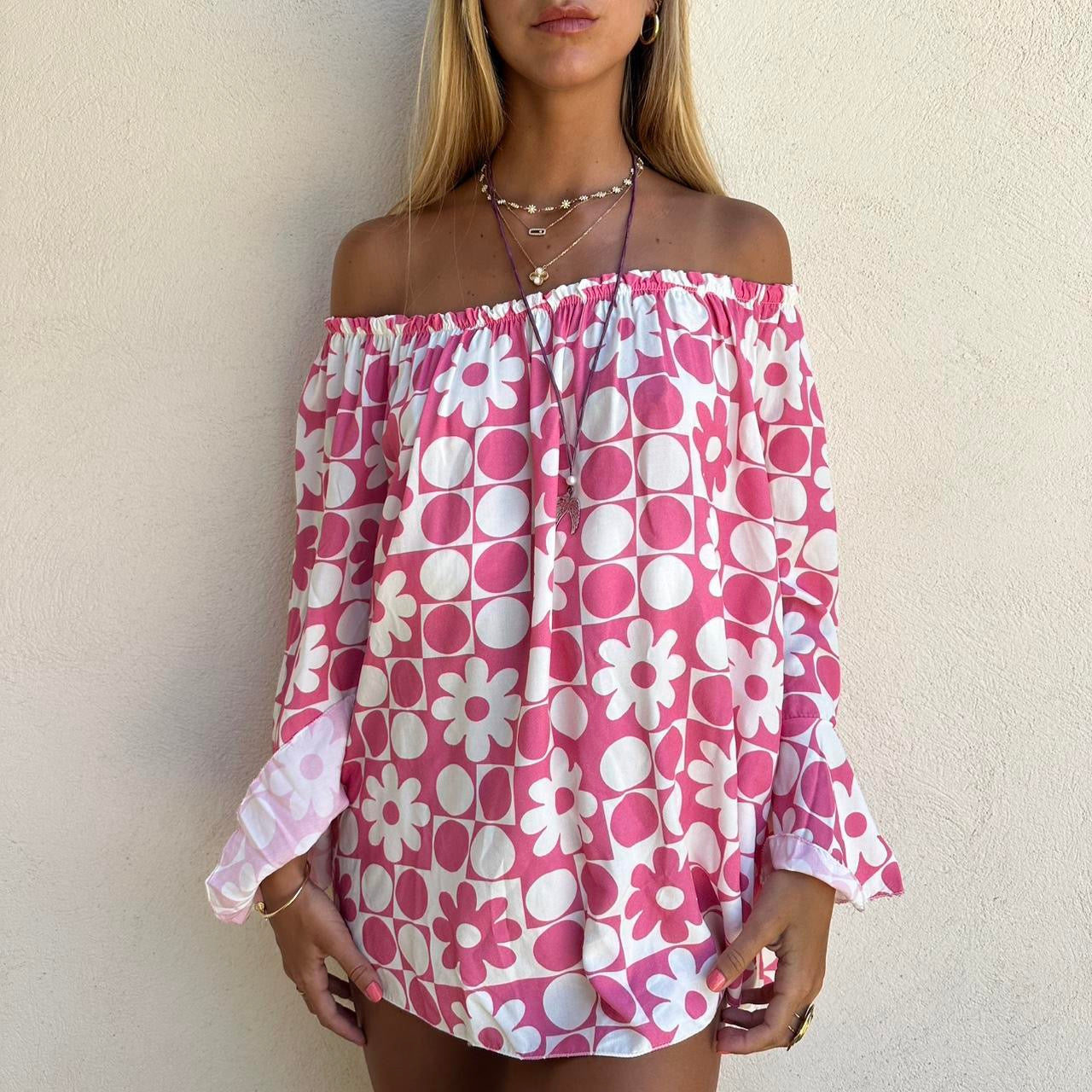 Vintage pink off shoulder mini dress