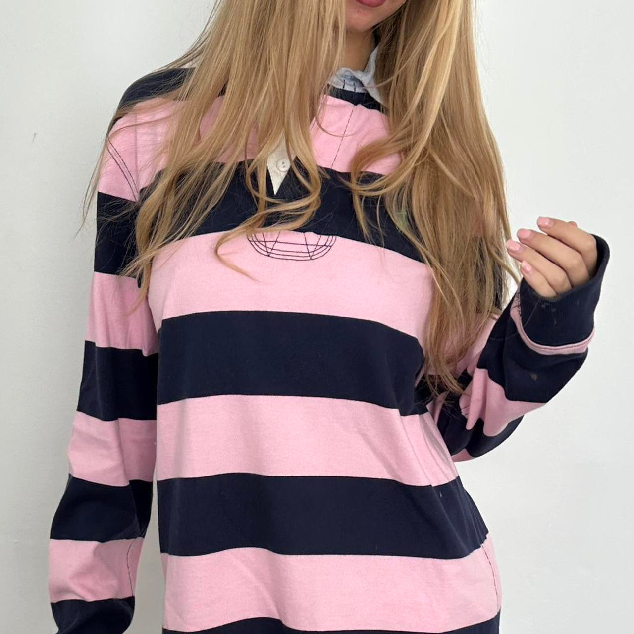 Vintage Polo Ralph Lauren striped navy and pink polo long sleeve top