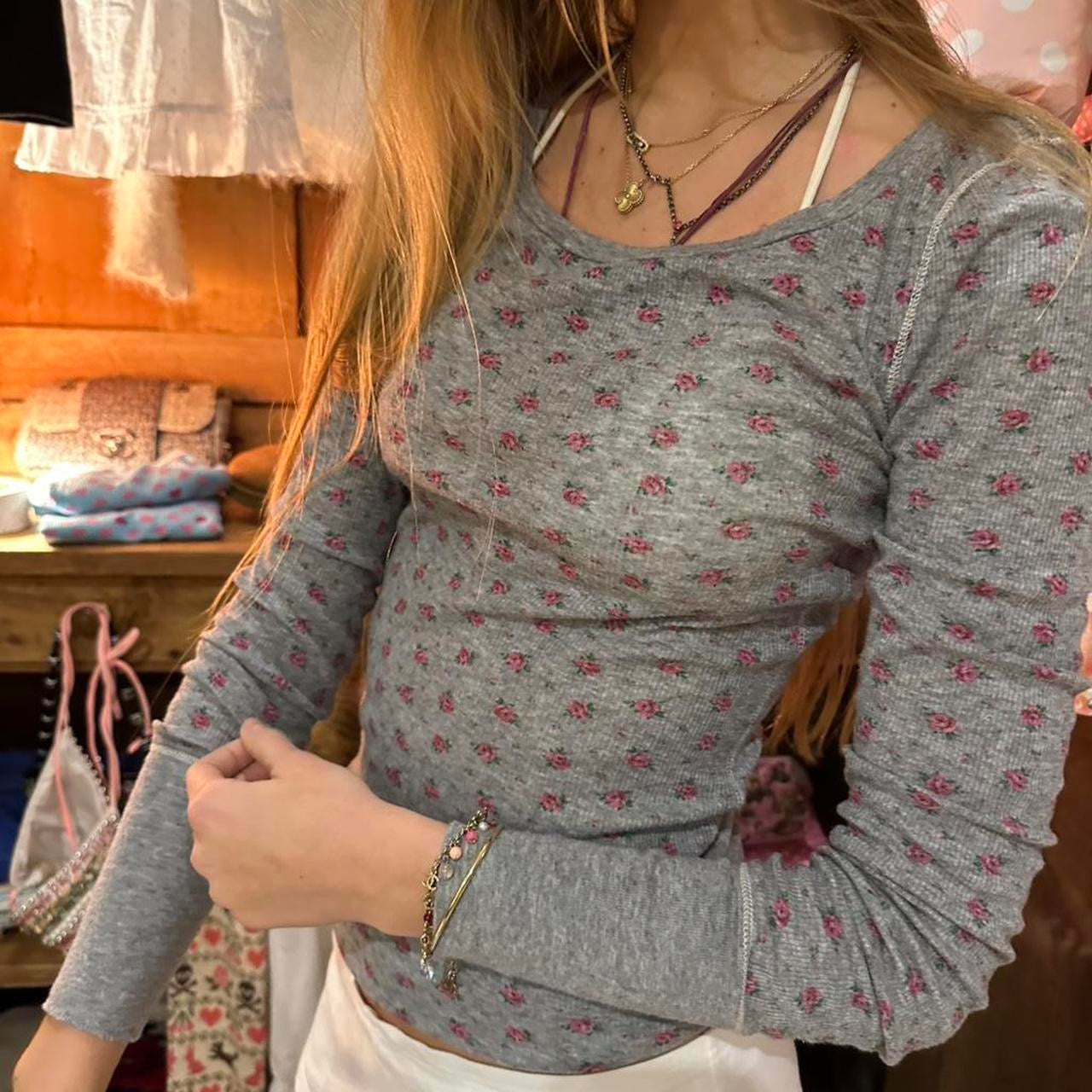 Vintage 2000’s Victoria’s Secret floral grey waffle top