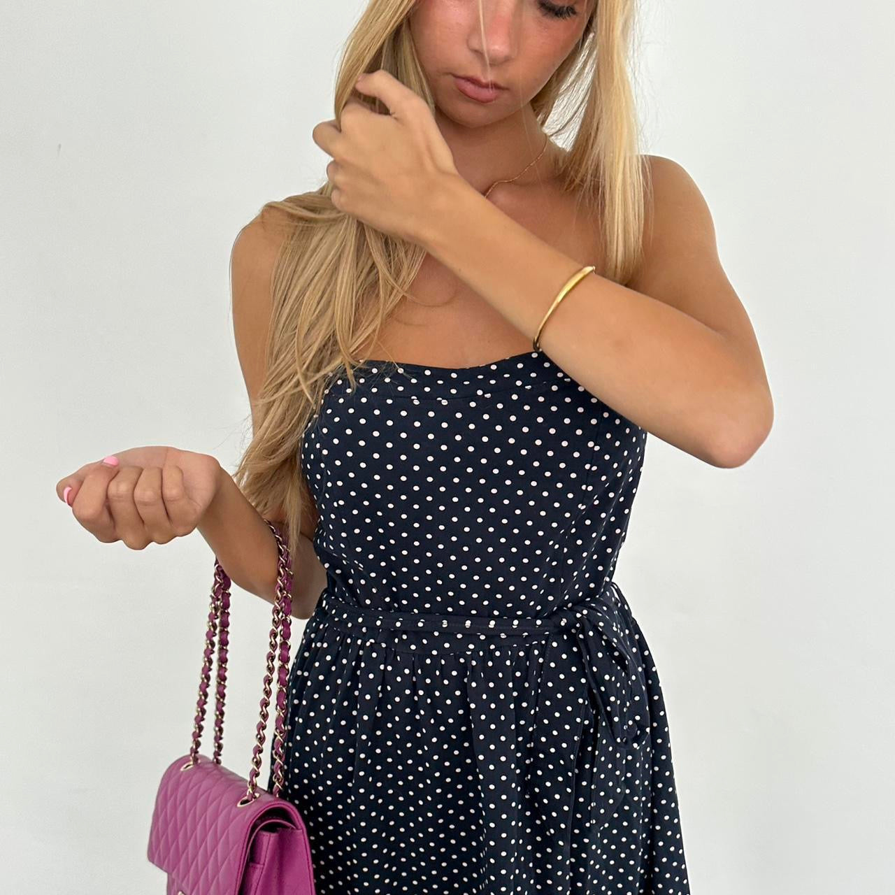 Vintage navy and white polka dot strapless dress
