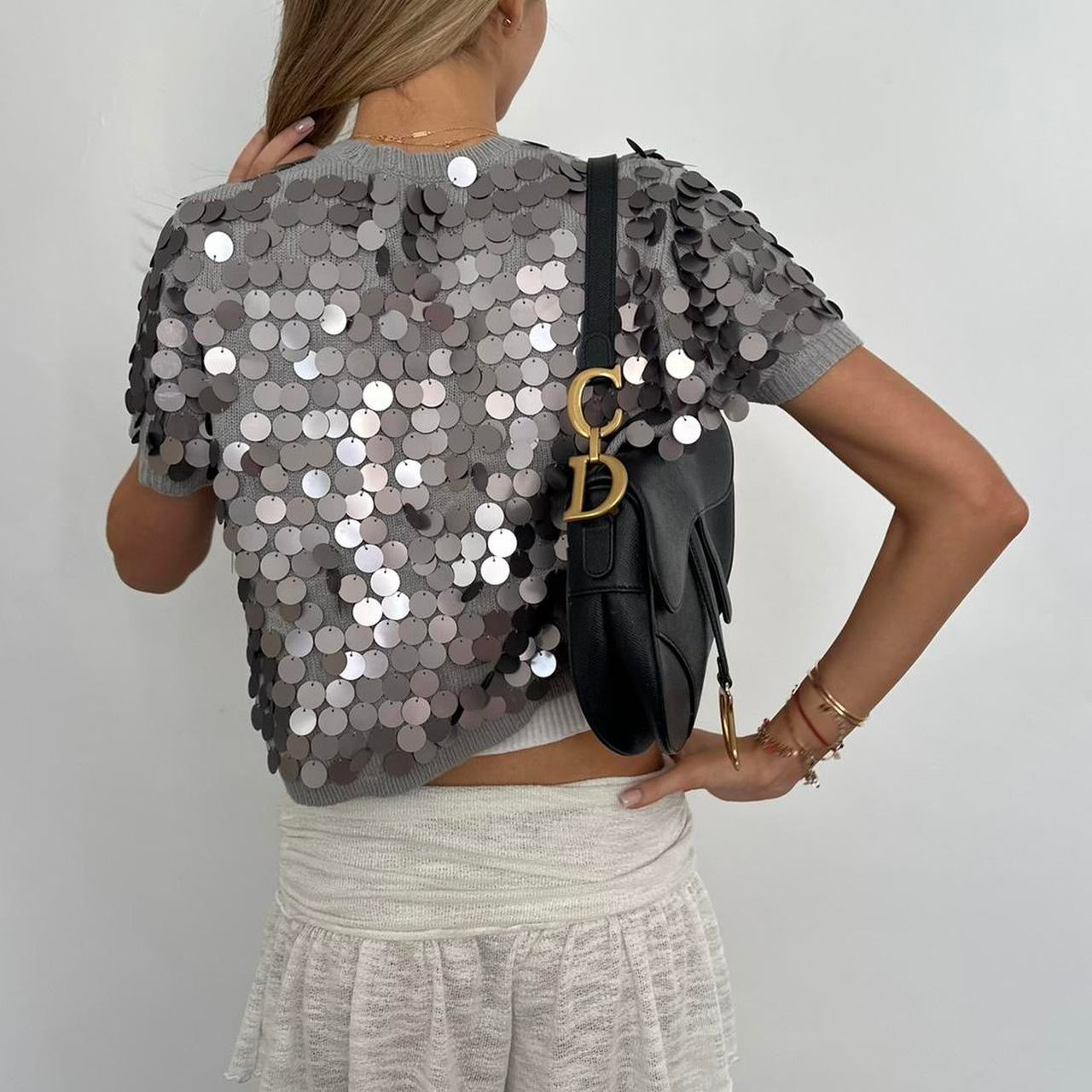 Vintage silver sequin open knitted cardigan top