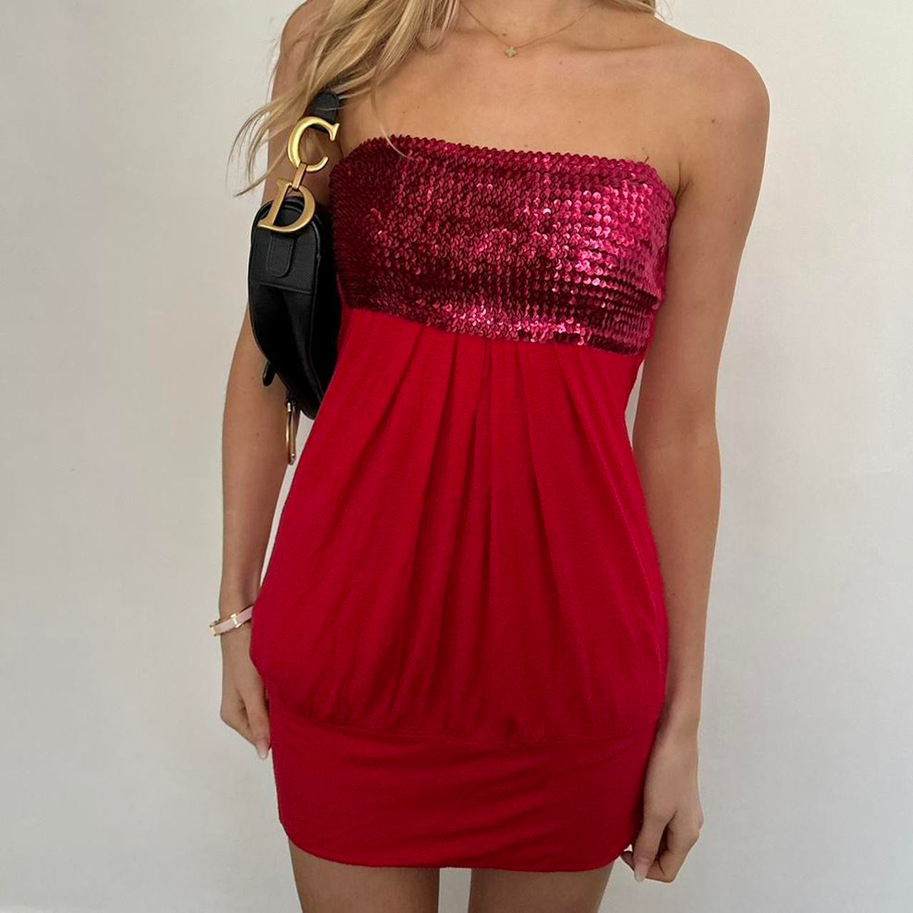 Vintage sequin red party strapless dress