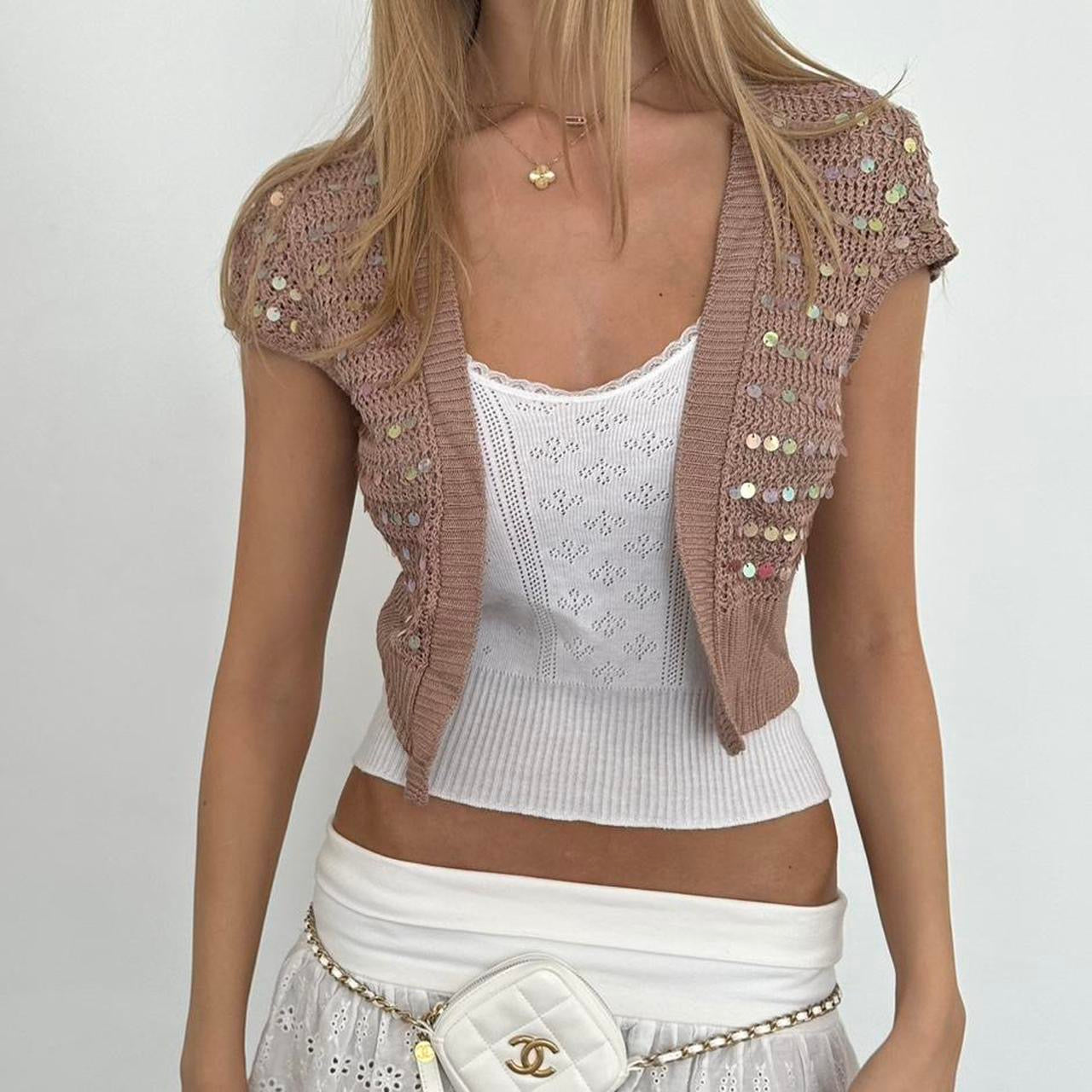 Vintage brown sequin delicate layering cardigan
