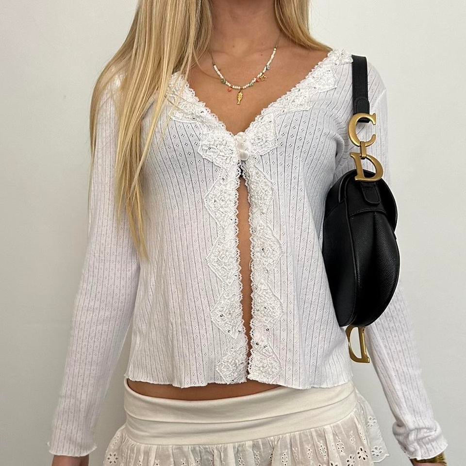 Vintage white pointelle lace long sleeve top