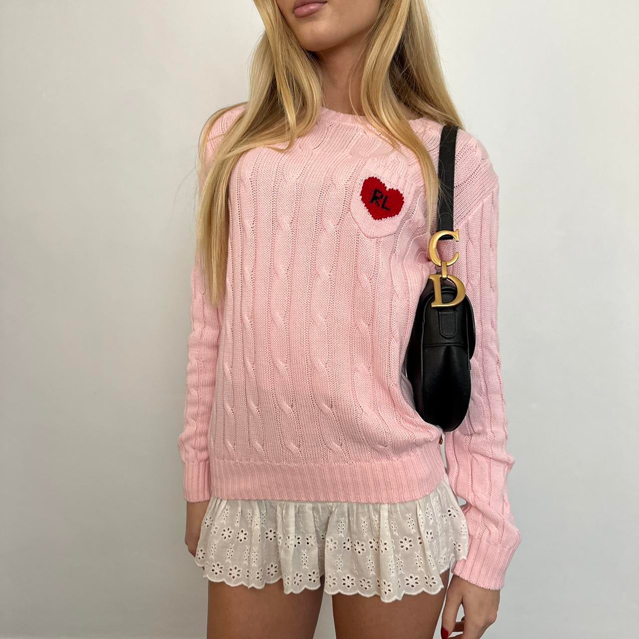 Vintage Ralph Lauren pink heart cable knit sweater