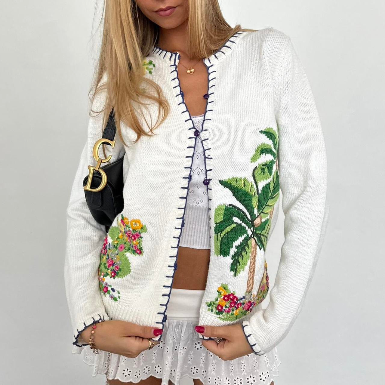 Vintage 90’s palm tree tropical white cardigan