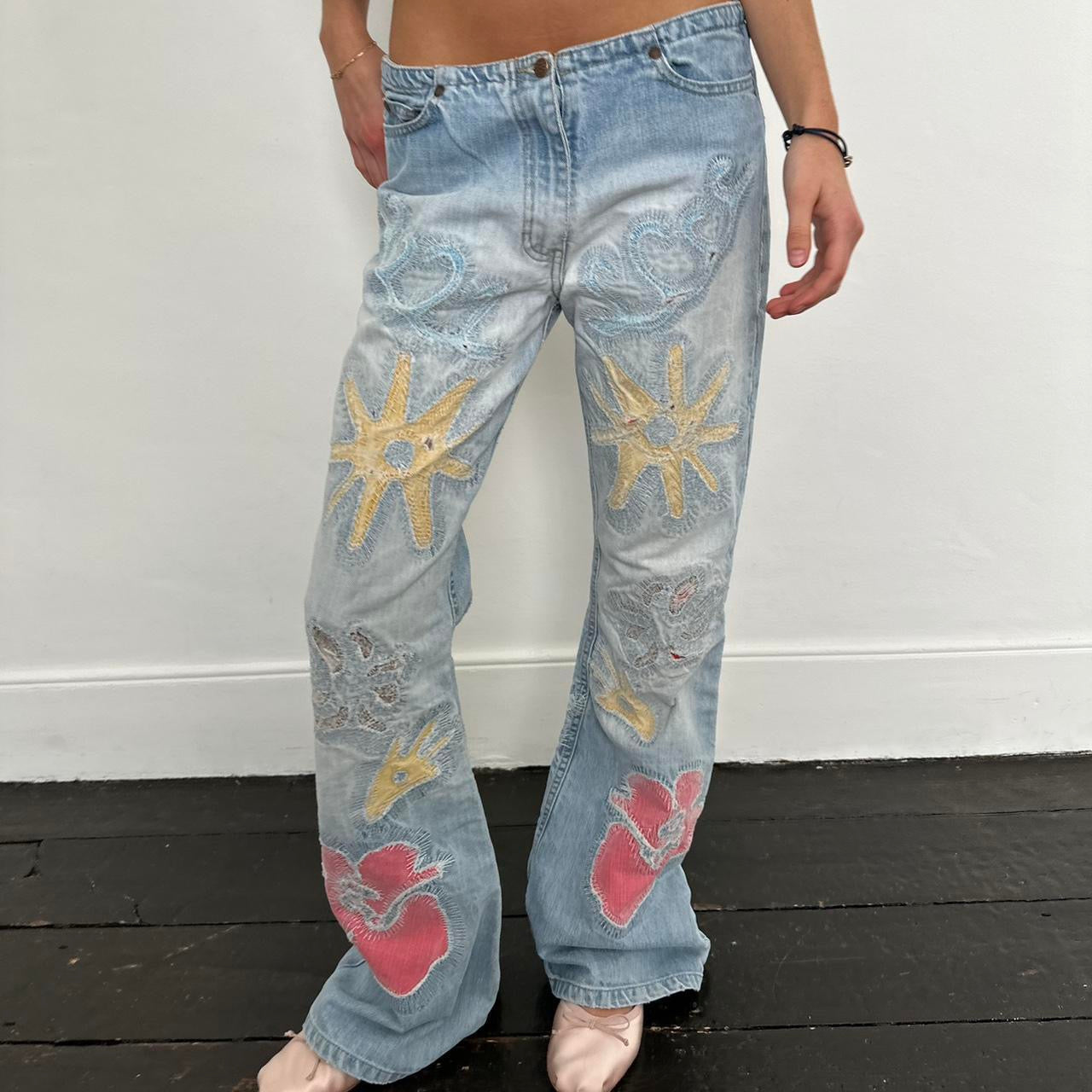 Vintage low rise hibiscus embroidered jeans