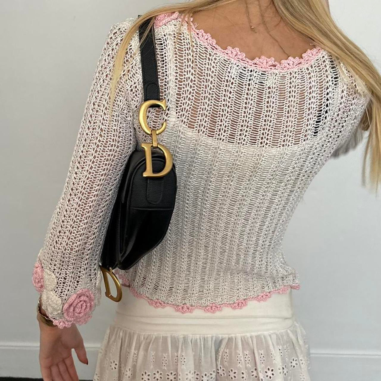 Vintage pink crochet flower knit long sleeve cardigan top