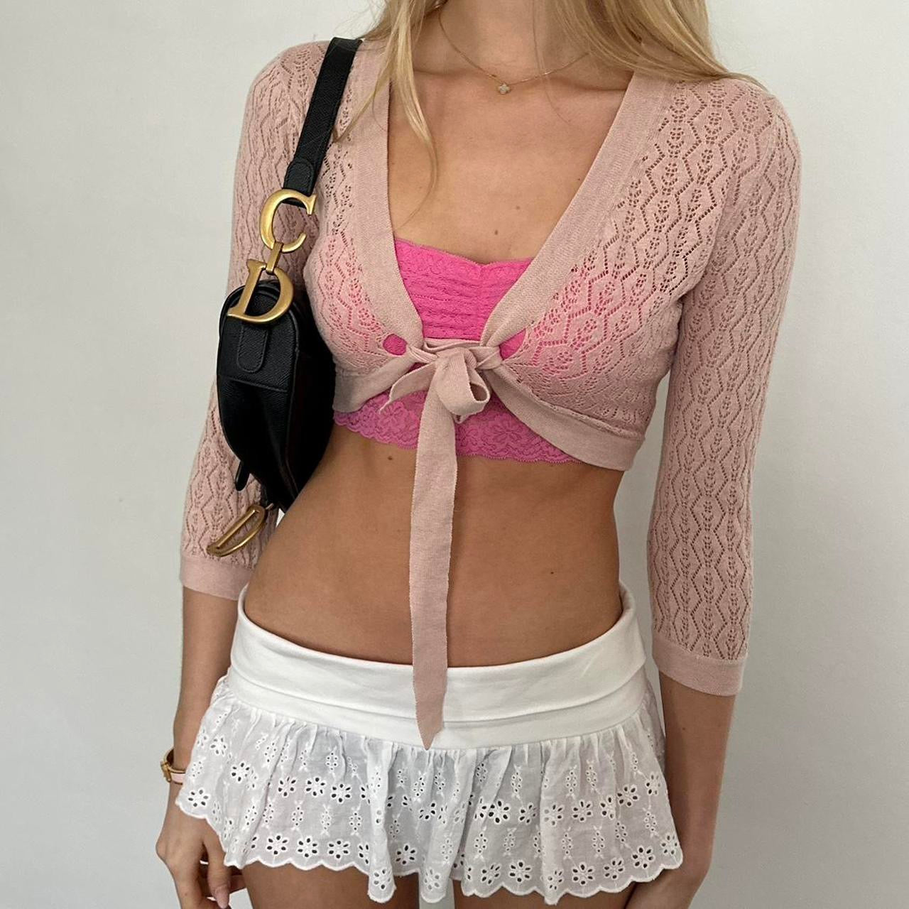 Vintage light pink tie up crop cardigan top