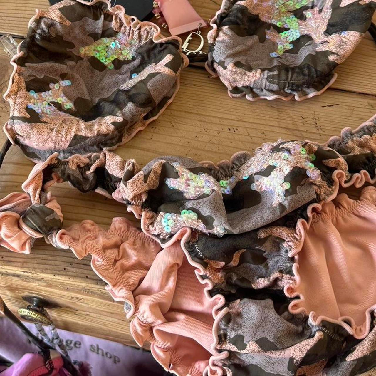 Vintage sequin camouflage ruffle bikini