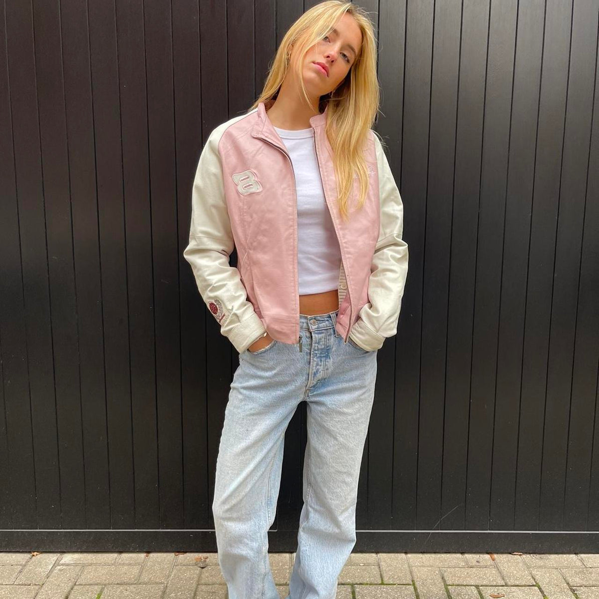 Vintage 90s pink racing leather jacket