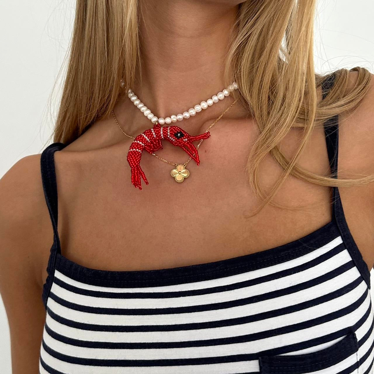 Vintage pearl handmade beaded prawn necklace