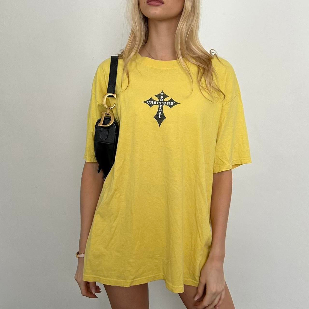Vintage 2000s yellow West Coast Choppers graphic varsity top