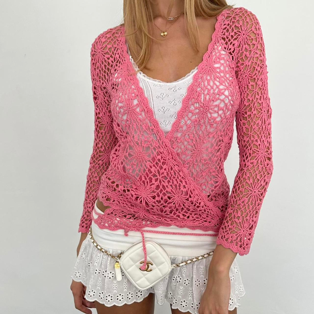 Vintage pink crochet delicate layering cardigan