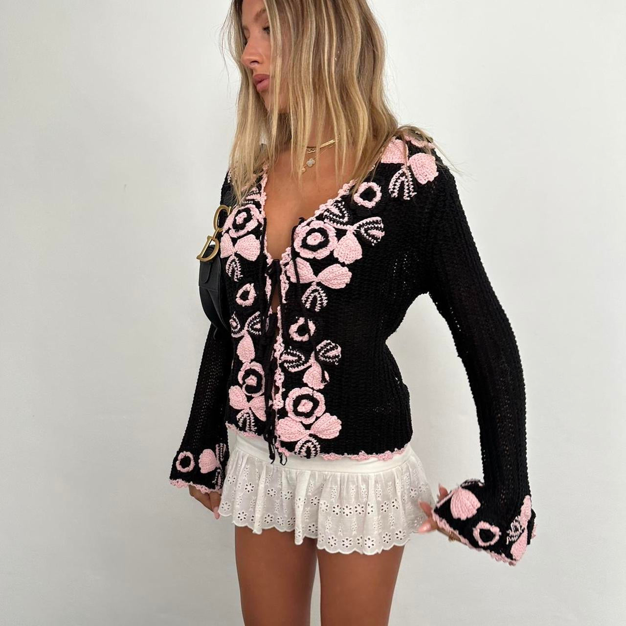 Vintage black and pink crochet long sleeve top