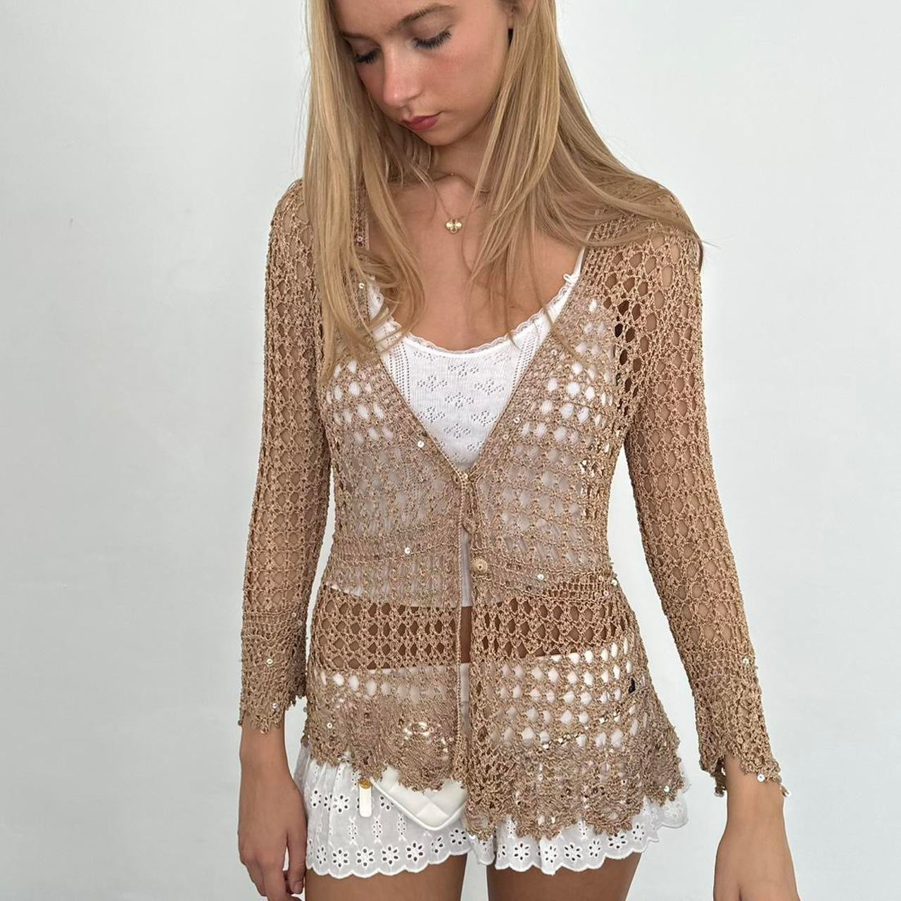 Vintage tan crochet delicate layering cardigan