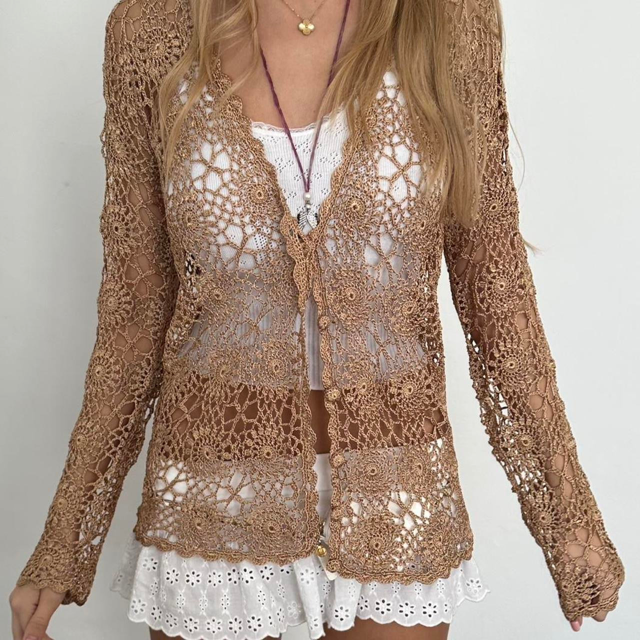 Vintage 90’s beige crochet cardigan top
