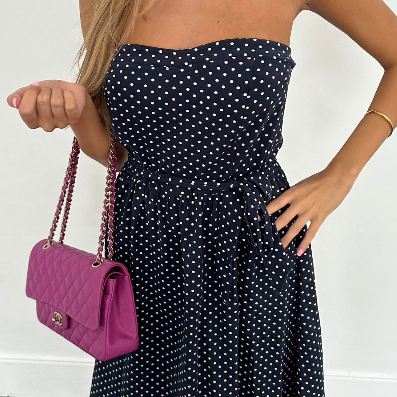 Vintage navy and white polka dot strapless dress