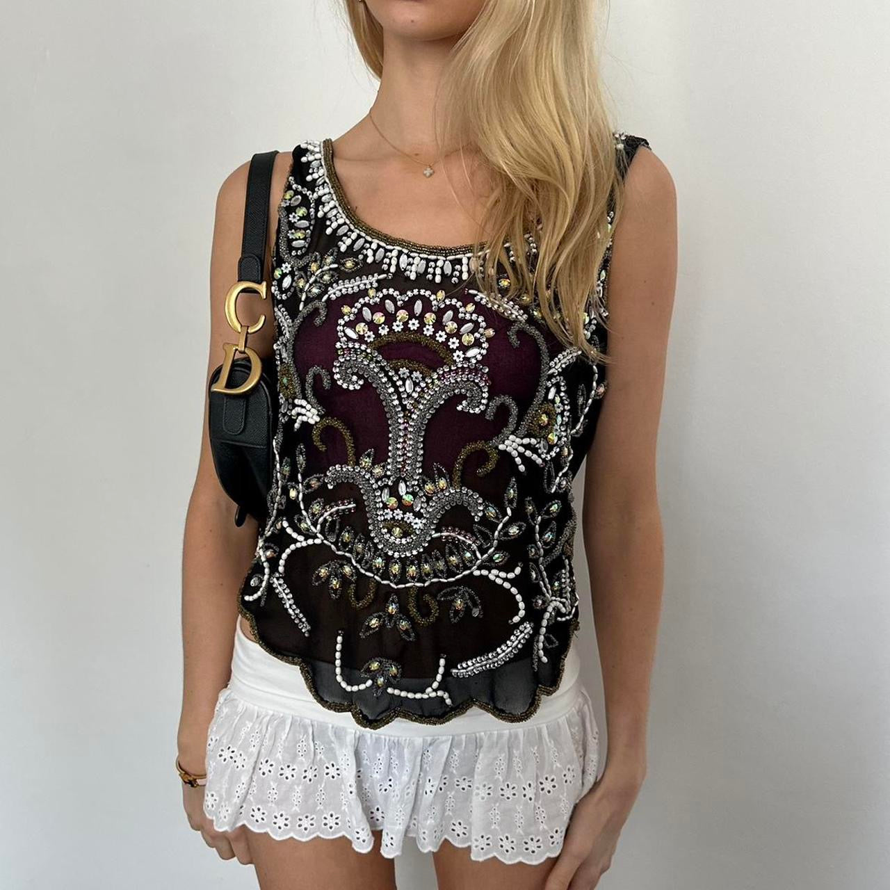 Vintage sequin embellished mesh top