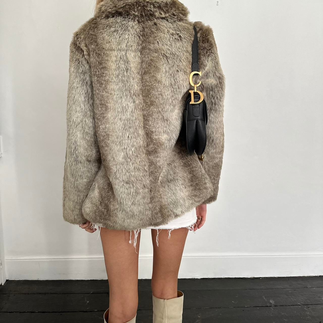 Vintage 2000’s grey/brown hooded faux fur jacket