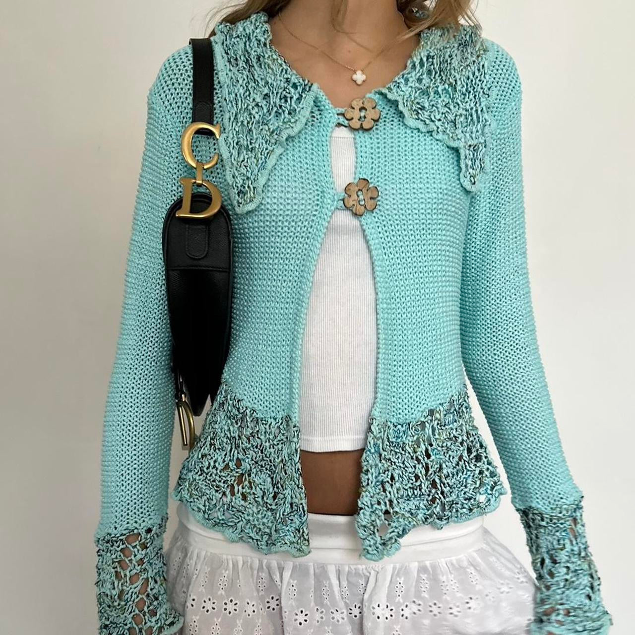 Vintage 90’s open front aqua blue crochet top