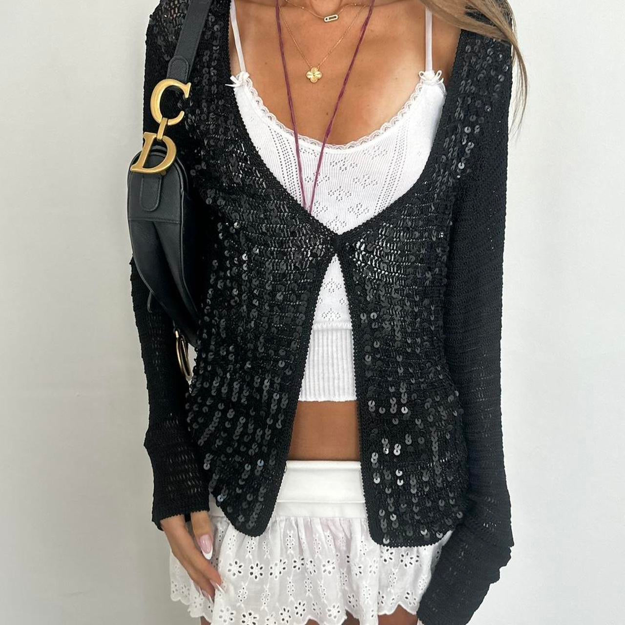 Vintage 2000s black crochet sequin cardigan top