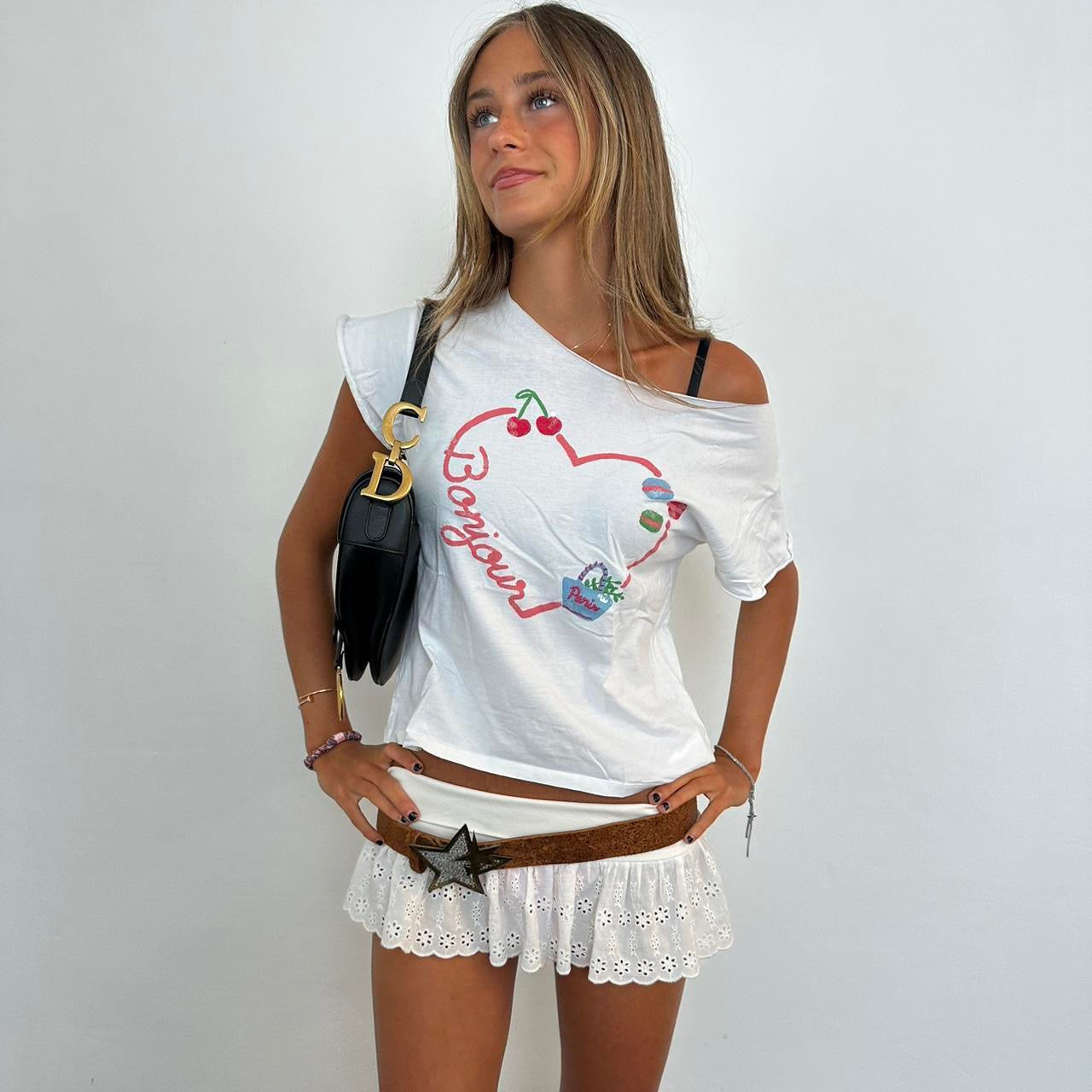 Vintage cherry Paris white baby tee π