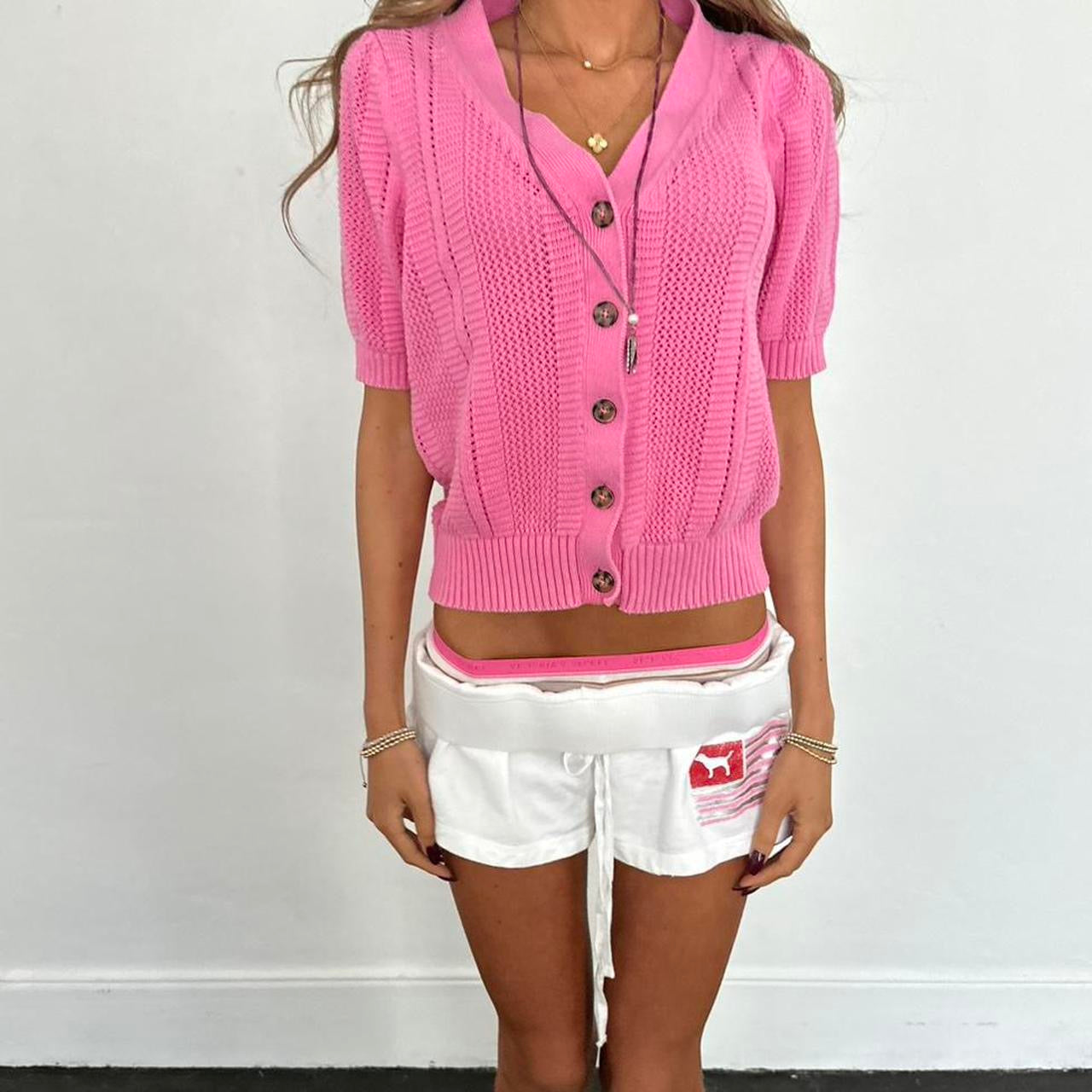 Vintage pink knit short sleeve cardigan top