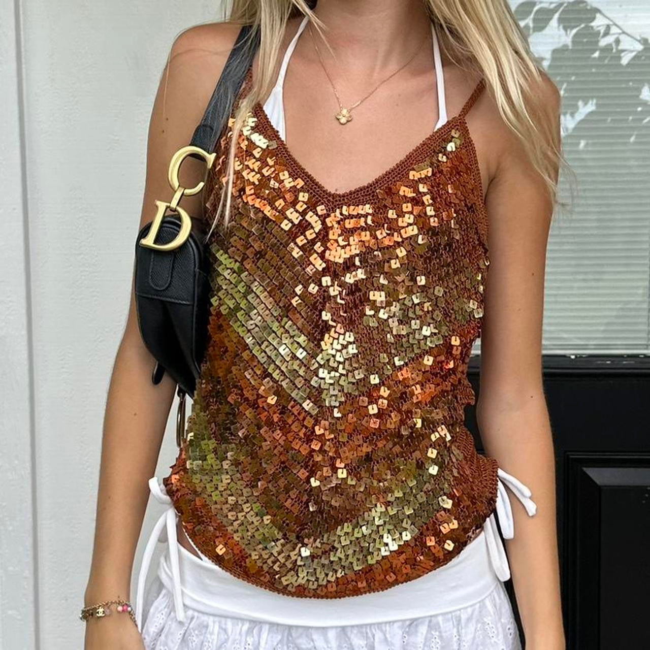 Vintage crochet brown sequin top