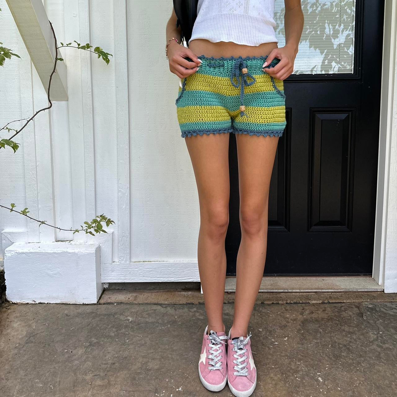 Vintage 2000’s striped yellow and green crochet shorts