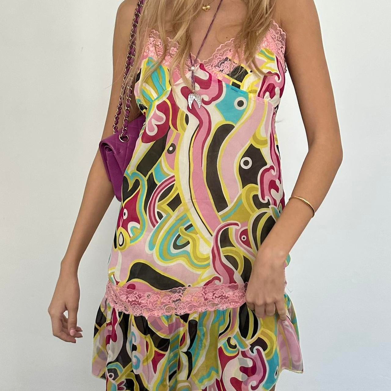 Vintage 2000’s colourful silky dress with lace details