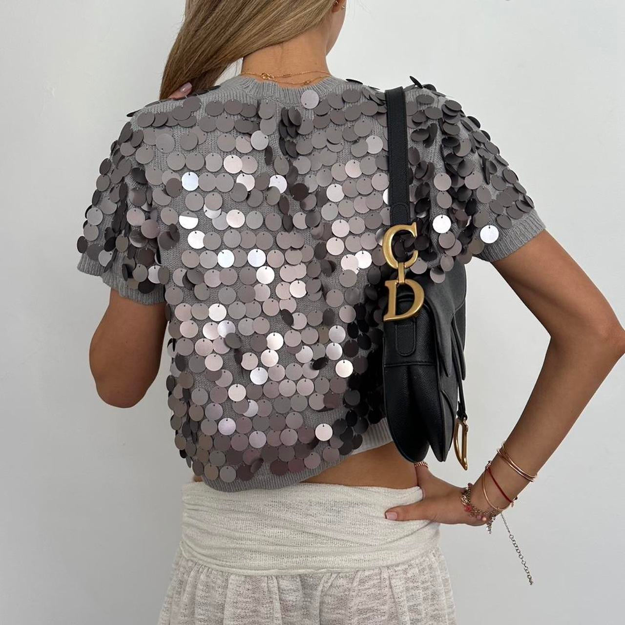 Vintage silver sequin open knitted cardigan top