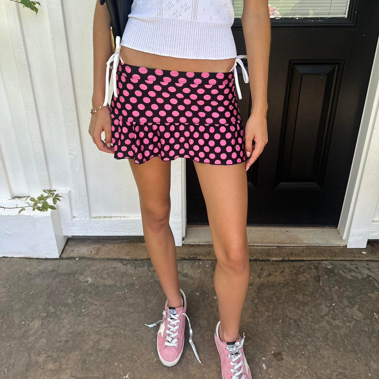 Vintage 90’s pink and black polka dots mini skirt