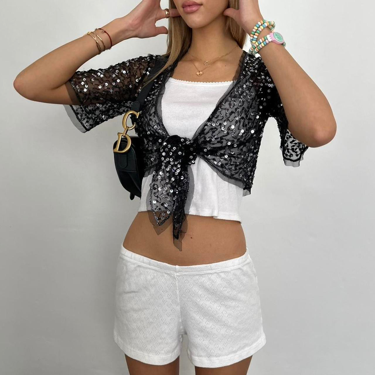 Vintage sequin tie up layering top