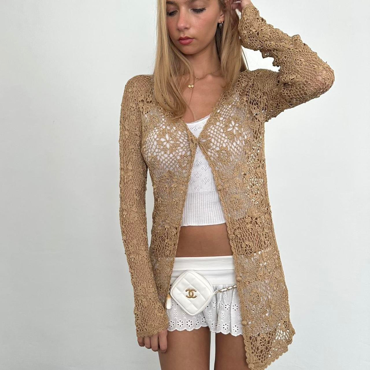 Vintage tan crochet delicate layering cardigan