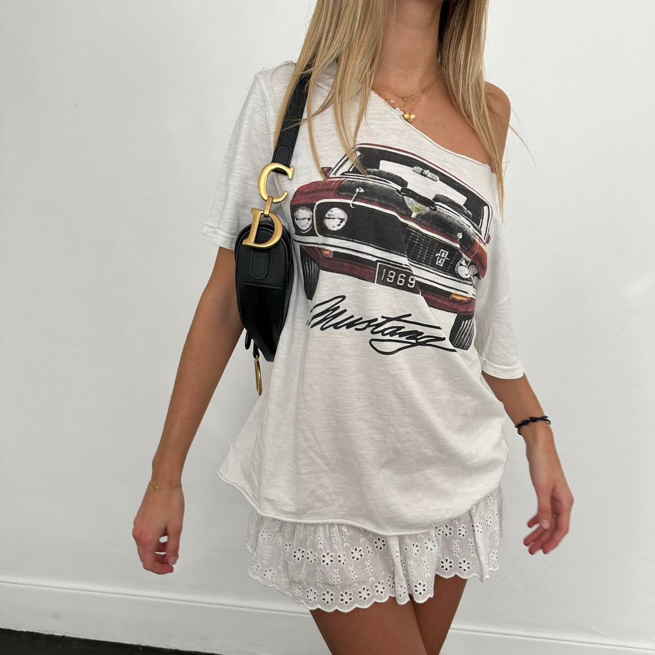 Vintage mustang distressed off shoulder top
