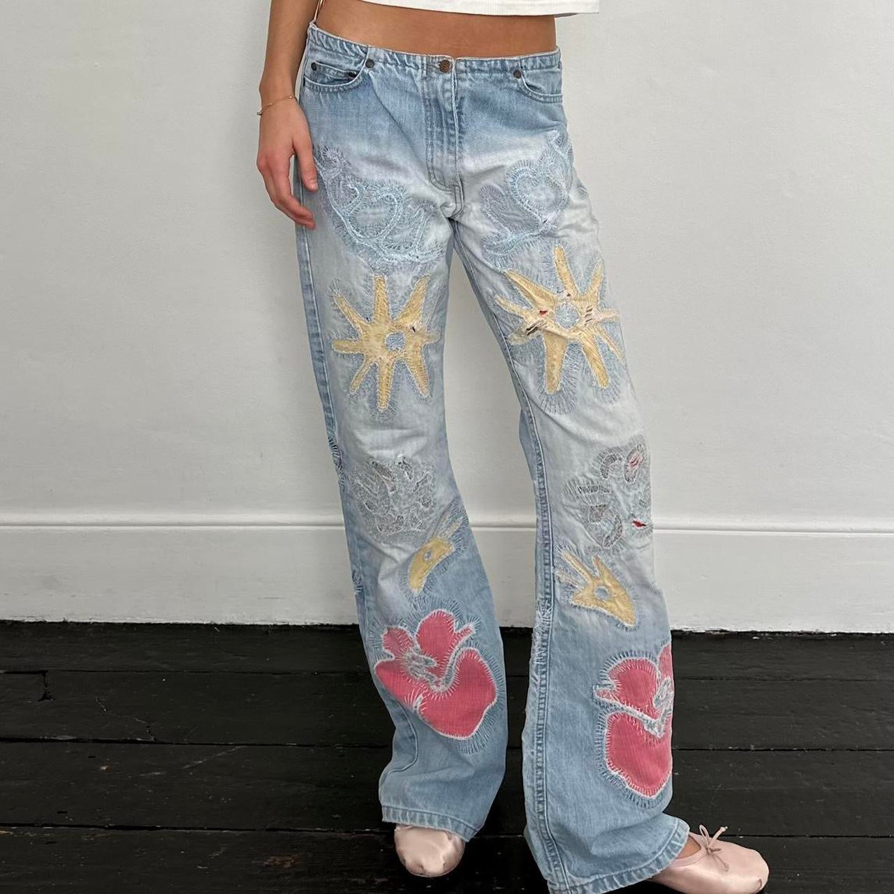 Vintage low rise hibiscus embroidered jeans