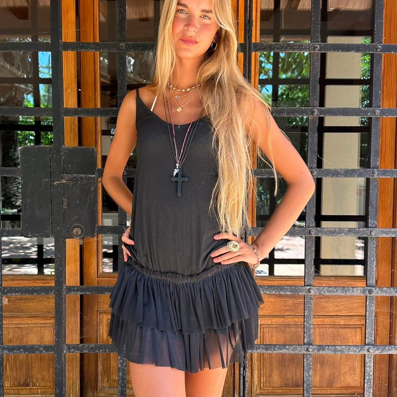 Vintage 90’s boho black ruffle mini dress