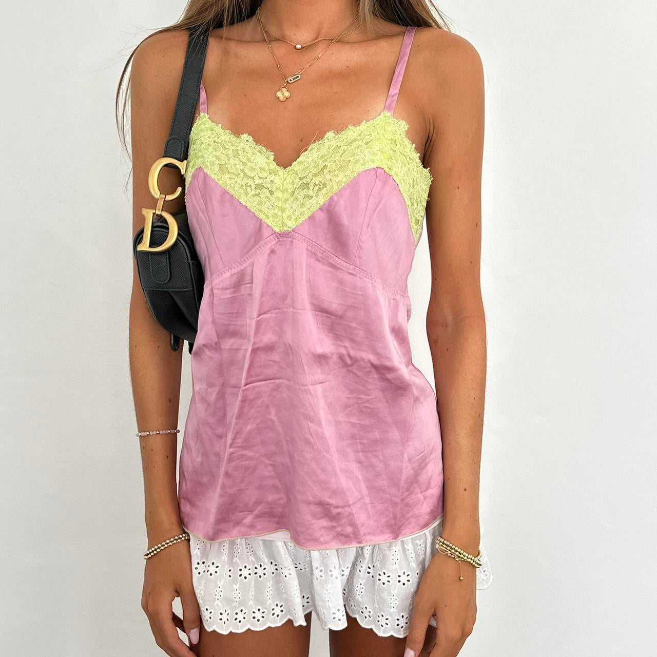 Vintage 90’s silk pink and green lace top